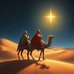 The Three Wise Kings on their journey to the East, dressed in regal, traditional garments adorned with intricate patterns and vibrant colors
