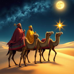 The Three Wise Kings on their journey to the East, dressed in regal, traditional garments adorned with intricate patterns and vibrant colors