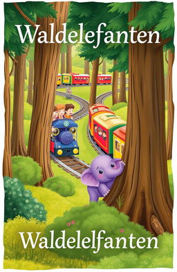 A whimsical cover illustration depicting a small purple waldelefanten (forest elephant) nestled among the trees of a lush German forest