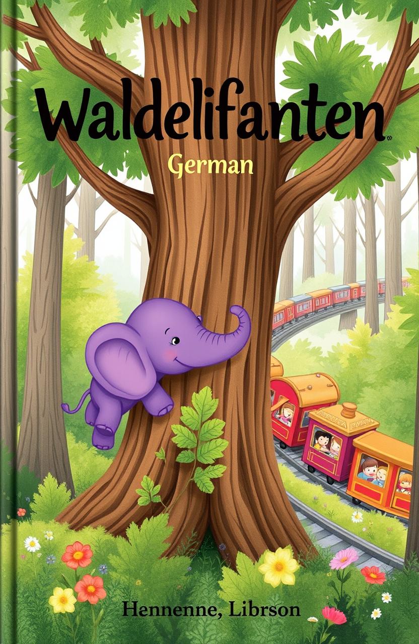 A whimsical cover illustration depicting a small purple waldelefanten (forest elephant) nestled among the trees of a lush German forest