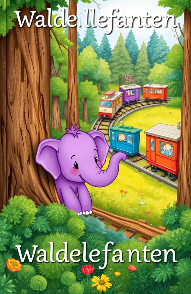 A whimsical cover illustration depicting a small purple waldelefanten (forest elephant) nestled among the trees of a lush German forest