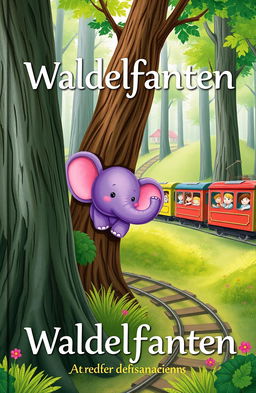 A whimsical cover illustration depicting a small purple waldelefanten (forest elephant) nestled among the trees of a lush German forest