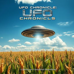 A captivating book cover design featuring a raw photograph of a UFO hovering above a vast cornfield
