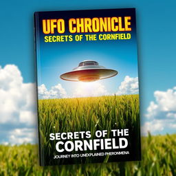 A captivating book cover design featuring a raw photograph of a UFO hovering above a vast cornfield