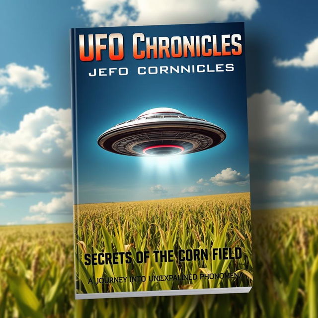 A captivating book cover design featuring a raw photograph of a UFO hovering above a vast cornfield