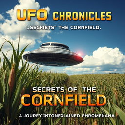 A captivating book cover design featuring a raw photograph of a UFO hovering above a vast cornfield