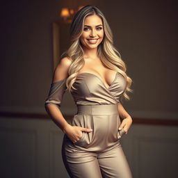 A beautiful white woman with a curvaceous figure, confidently posing in a stylish outfit that highlights her body