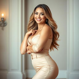 A beautiful white woman with a curvaceous figure, confidently posing in a stylish outfit that highlights her body
