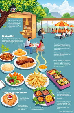 An informative and vibrant illustration capturing the effects of environmental changes on ready-to-eat food, dining out, and tiffin centers