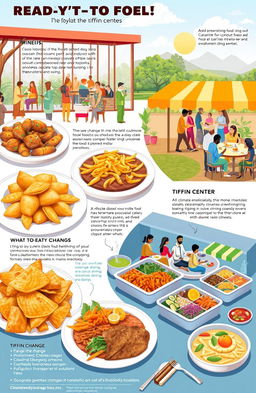 An informative and vibrant illustration capturing the effects of environmental changes on ready-to-eat food, dining out, and tiffin centers