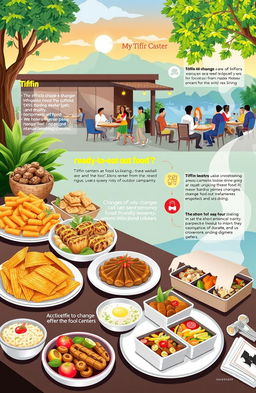 An informative and vibrant illustration capturing the effects of environmental changes on ready-to-eat food, dining out, and tiffin centers