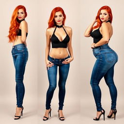 Three full length photos of a beautiful, sexy girl with long, flowing flame red hair and striking bright makeup