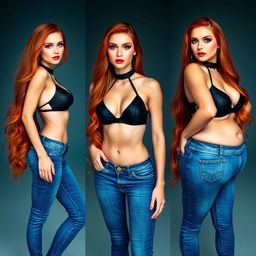Three full length photos of a beautiful, sexy girl with long, flowing flame red hair and striking bright makeup
