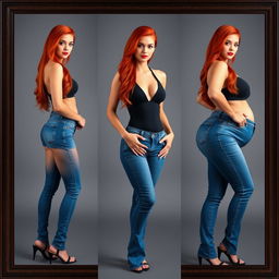 Three full length photos of a beautiful, sexy girl with long, flowing flame red hair and striking bright makeup
