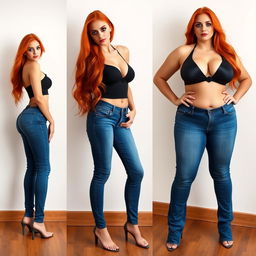 Three full length photos of a beautiful, sexy girl with long, flowing flame red hair and striking bright makeup