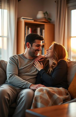 A romantic scene depicting a couple sitting together on a cozy couch, surrounded by soft lighting and warm colors