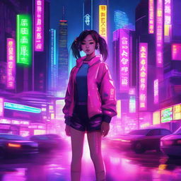 A high-quality digital art image showing a young Asian girl standing in a neon-lit cyberpunk city at night