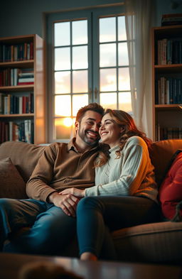 A romantic scene depicting a couple sitting together on a cozy couch, surrounded by soft lighting and warm colors