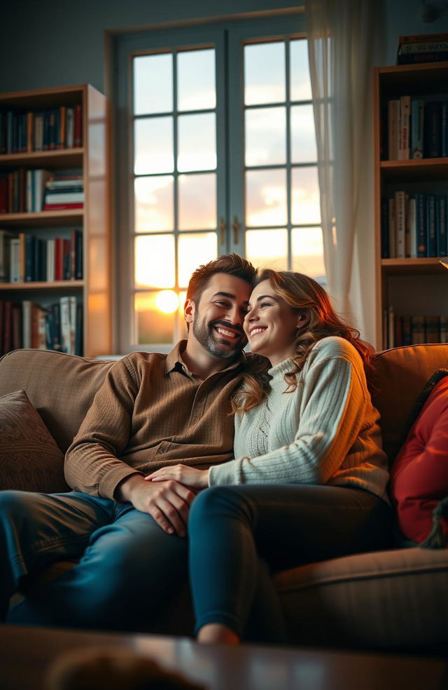 A romantic scene depicting a couple sitting together on a cozy couch, surrounded by soft lighting and warm colors