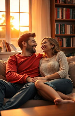 A romantic scene depicting a couple sitting together on a cozy couch, surrounded by soft lighting and warm colors