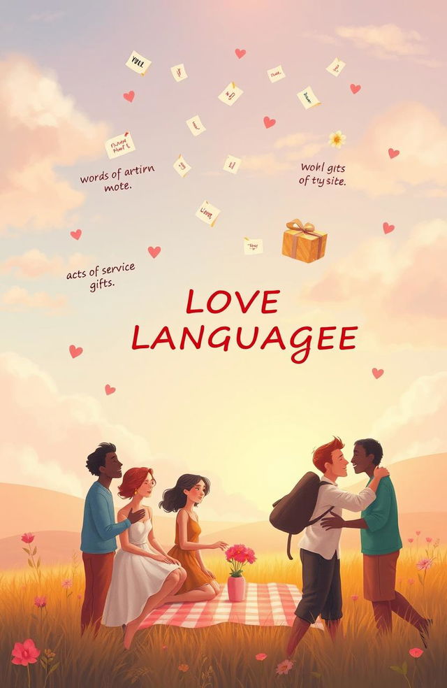 An ethereal scene depicting the concept of love languages, featuring a diverse group of people expressing different forms of affection: words of affirmation in the form of loving notes floating in the air, acts of service with someone preparing a meal for another, receiving gifts represented by brightly wrapped presents, quality time illustrated by a couple enjoying a picnic, and physical touch through an embrace