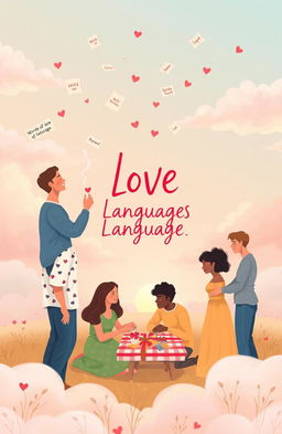 An ethereal scene depicting the concept of love languages, featuring a diverse group of people expressing different forms of affection: words of affirmation in the form of loving notes floating in the air, acts of service with someone preparing a meal for another, receiving gifts represented by brightly wrapped presents, quality time illustrated by a couple enjoying a picnic, and physical touch through an embrace