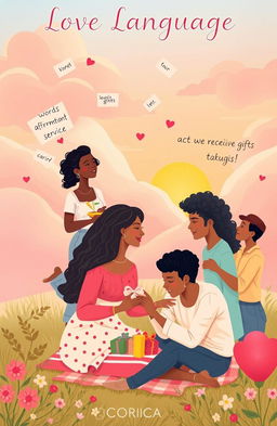 An ethereal scene depicting the concept of love languages, featuring a diverse group of people expressing different forms of affection: words of affirmation in the form of loving notes floating in the air, acts of service with someone preparing a meal for another, receiving gifts represented by brightly wrapped presents, quality time illustrated by a couple enjoying a picnic, and physical touch through an embrace