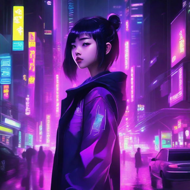 A high-quality digital art image showing a young Asian girl standing in a neon-lit cyberpunk city at night