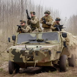 5 combatants in military fatigue, armed with assault rifles, missile launcher and radio in a rugged terrain vehicle