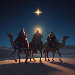 The Three Wise Kings traveling to the East at night, dressed in ornate and colorful robes decorated with intricate designs