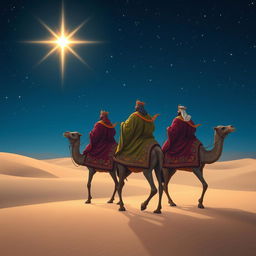 The Three Wise Kings traveling to the East at night, dressed in ornate and colorful robes decorated with intricate designs