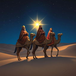 The Three Wise Kings traveling to the East at night, dressed in ornate and colorful robes decorated with intricate designs