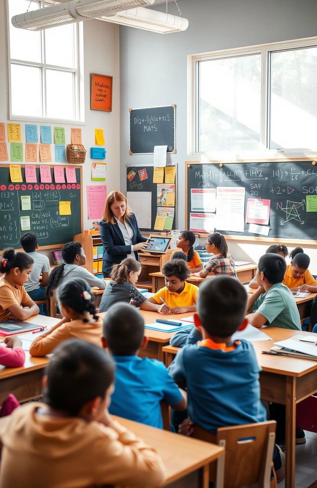 A vibrant classroom scene filled with students engaged in various educational activities