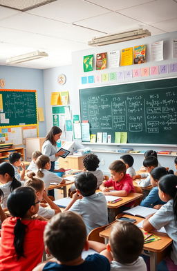 A vibrant classroom scene filled with students engaged in various educational activities