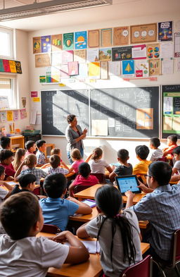 A vibrant classroom scene filled with students engaged in various educational activities