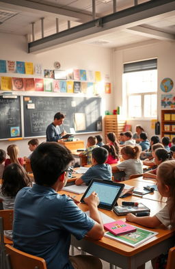 A vibrant classroom scene filled with students engaged in various educational activities
