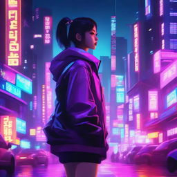 A high-quality digital art image showing a young Asian girl standing in a neon-lit cyberpunk city at night