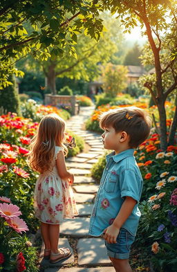 A captivating scene of a young boy gazing at a girl in a beautifully landscaped garden