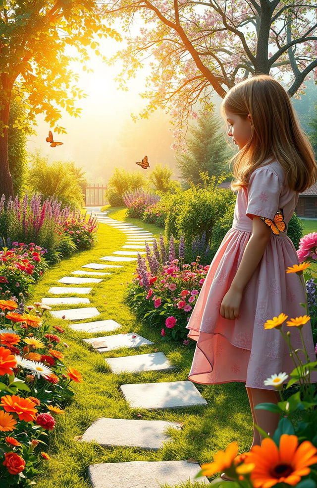 A captivating scene of a young boy gazing at a girl in a beautifully landscaped garden