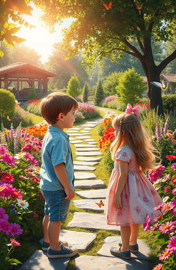 A captivating scene of a young boy gazing at a girl in a beautifully landscaped garden
