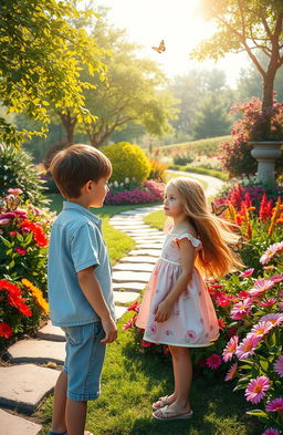 A captivating scene of a young boy gazing at a girl in a beautifully landscaped garden