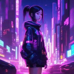 A high-quality digital art image showing a young Asian girl standing in a neon-lit cyberpunk city at night