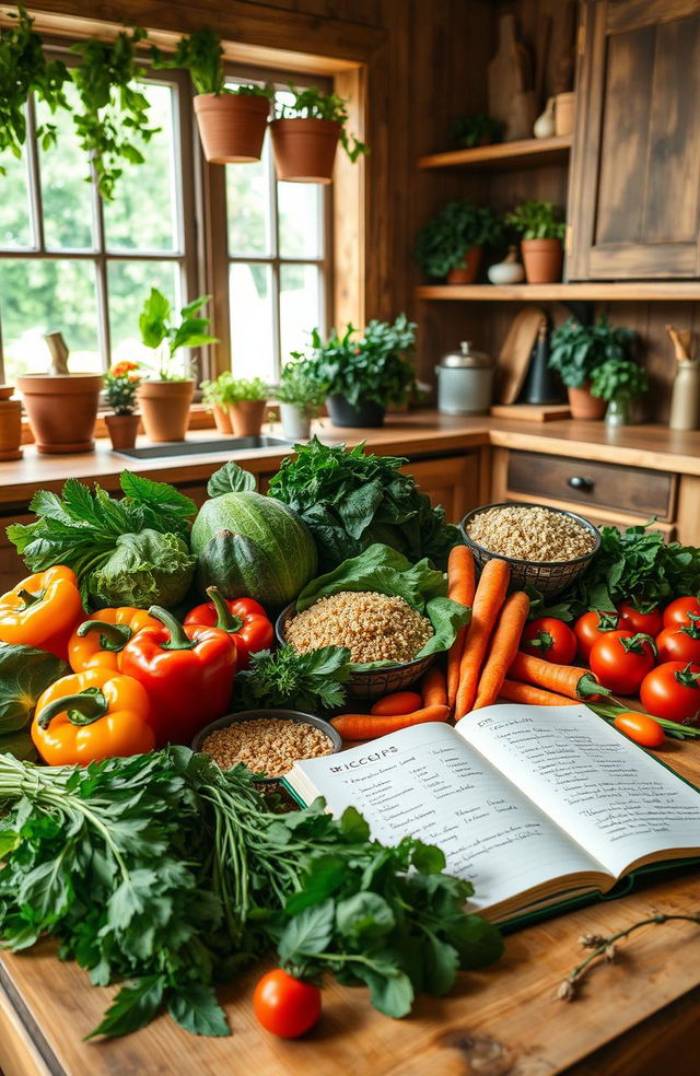 A beautifully arranged assortment of whole foods in a cozy kitchen setting