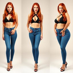 Three full length photos of a beautiful, sexy girl with long, flowing flame red hair and striking bright makeup