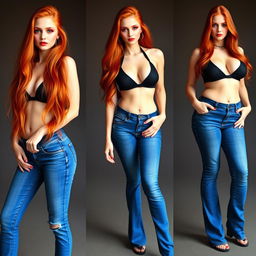 Three full length photos of a beautiful, sexy girl with long, flowing flame red hair and striking bright makeup