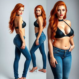Three full length photos of a beautiful, sexy girl with long, flowing flame red hair and striking bright makeup