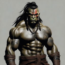 A realistic digital art image of a half-orc barbarian with tribal tattoos, scars, and dreadlocks