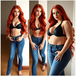 Three full length photos of a beautiful, sexy girl with long, flowing flame red hair and striking bright makeup