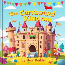 A whimsical and colorful book cover design for a children's adventure titled 'The Cardboard Kingdom' by Box Fort Builder