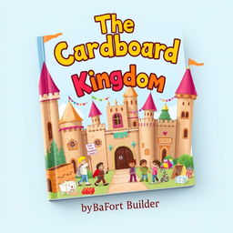 A whimsical and colorful book cover design for a children's adventure titled 'The Cardboard Kingdom' by Box Fort Builder